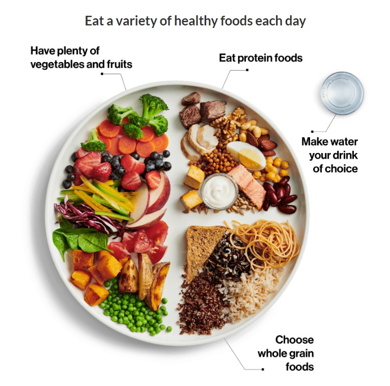 A white plate divided in 3 parts, it is presented from a bird's eye view. Above the plate is the title, "Eat a variety of healthy foods each day." The left side is half of the plate, it shows fruits and vegetables with the label, "Have plenty of vegetables and fruits." The right side is divided in two parts. The top part has different protein foods like eggs, nuts, meet, tofu, and beans and is labeled, "Eat protein foods", The bottom part has some grain-based foods with the label, "Choose whole grain foods." Next to the top right of the plate is a glass of water with the label, "Make water your drink of choice."