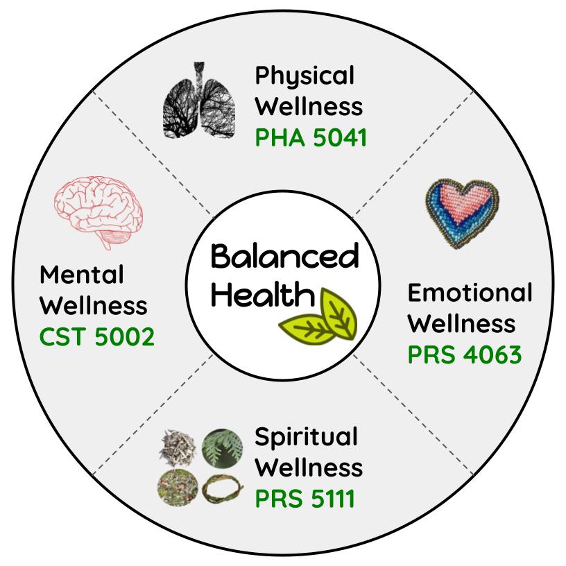 Circle divided in 4 quadrants with the words Balanced Health at the center, Physical Wellness PHA 5041 at the top quadrant, Emotional Wellness PRS 4063 in the right quadrant, Spiritual Wellness PRS 5111 in the bottom quadrant, and Mental Wellness CST 5002 in the left quadrant.