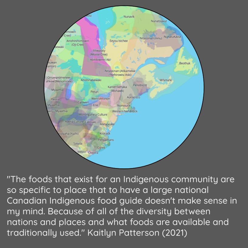 Circular image of map of Eastern Canada according to Indigenous Nations centered at the top with this quote below: "The foods that exist for an Indigenous community are so specific to place that to have a large national Canadian Indigenous food guide doesn't make sense in my mind. Because of all of the diversity between nations and places and what foods are available and traditionally used." Kaitlyn Patterson (2021)